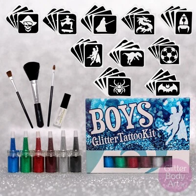 GLITTER BODY ART LTD Boys Temporary Tattoo Kit - Kids tattoos, birthday party ideas, tattoo stencils