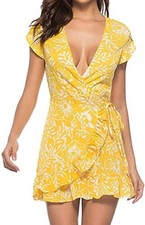 Womens V Neck Leopard Printed Ruffled Hem Flare Sleeve Party Wrap Dress UK L