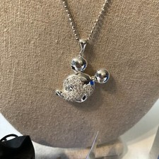 Mickey Mouse Sterling Silver 925 Pave CZ Crystal Pendant Faceted Bead 18" Chain