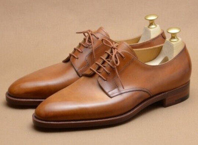 New Men's Handmade Tan Leather Formal Stylish Lace-Up Derby Shoes