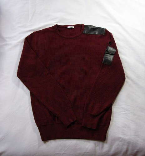 Dirk Bikkembergs, Men's Vintage Dirk Bikkembergs Red Waffle Knit Leather Shoulder Patch Sweater L