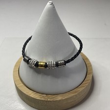 Silver Stainless Steel Magnetic Clasp Braided Leather Bracelet Rhinestones