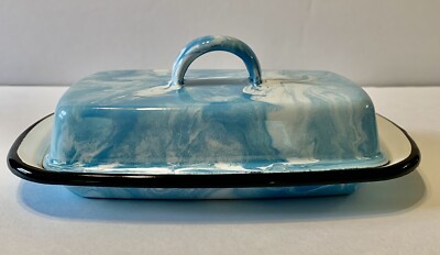 Enamel Splash Ware Butter Dish Blue/White NIB Vintage Farmhouse Style