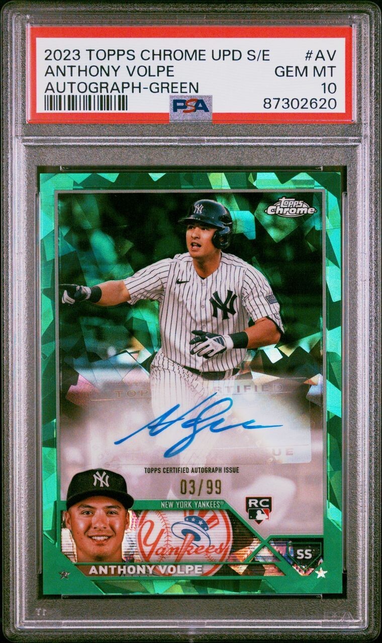 2023 Topps Chrome Update Sapphire Anthony Volpe Green Auto Rookie 3/99 PSA 10