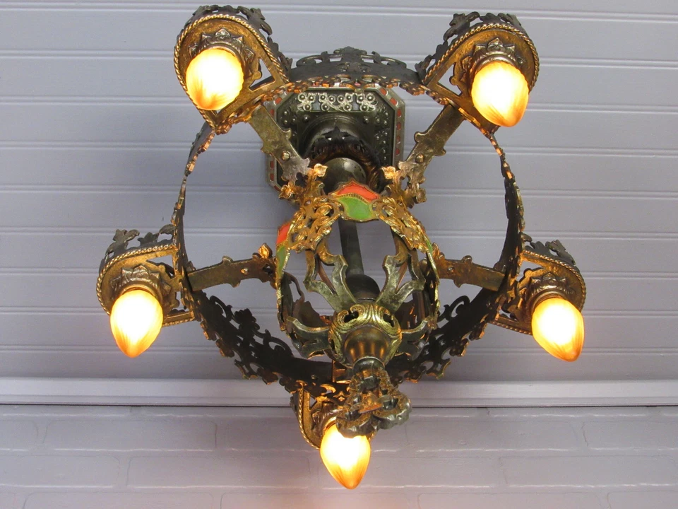 Antigua araña artesanal de 1920 21 1/2" de largo cableada original Acabado Foto 4 de 4