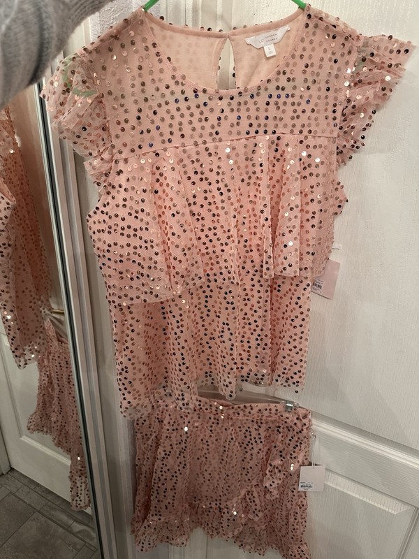 2-Piece LC LAUREN CONRAD Pink Sequin Blouse & Skirt, Sz Lrg, NWT: $44 & $50