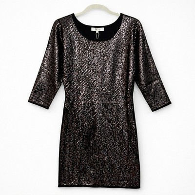 Black Sequin Front Knit Mini Dress Size Small Three Quarter Sleeve Cocktail