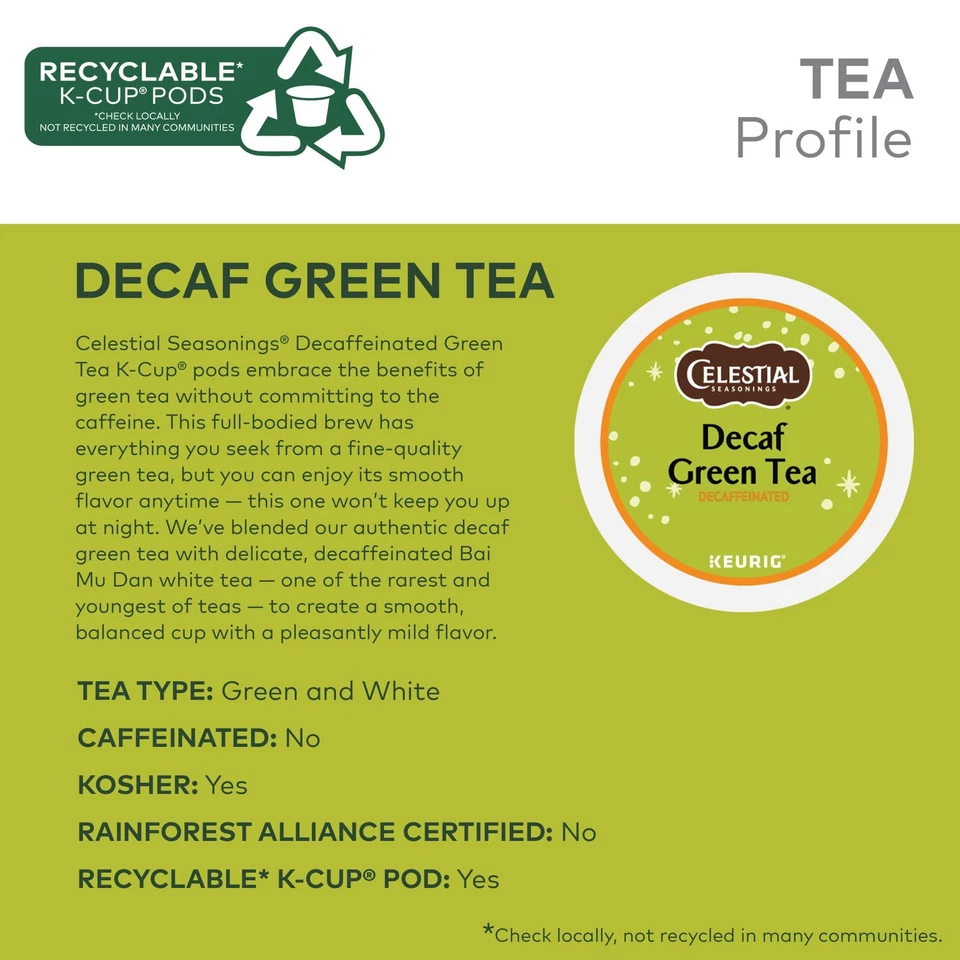 Condimentos celestiales descafeinado té verde y blanco K taza vainas 96 unidades reciclables Foto 4 de 4