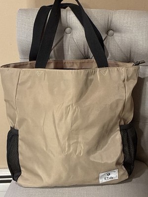 ETidy Beige Tote Bag Black Straps Mesh Pockets Orange Lining for Women