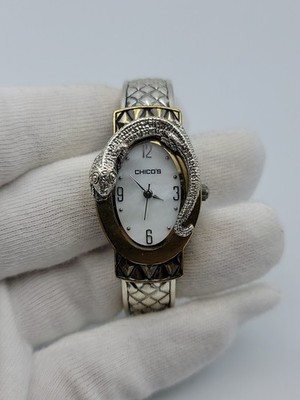 Chicos Women Watch 22mm Lizard Bezel Two Tone Hinged Band 6'', Runs