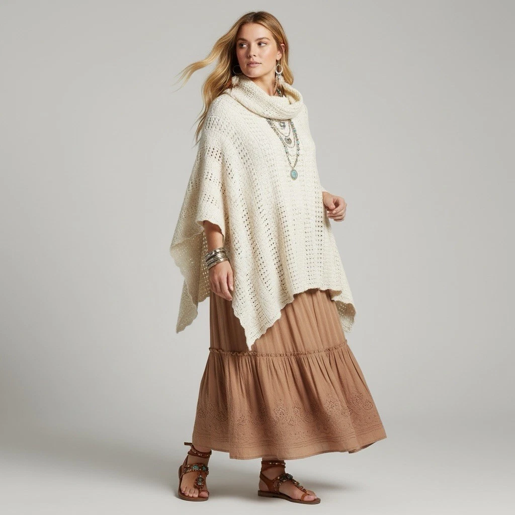 VINTAGE 90s Crochet Cowl Poncho Large XL 2XL 3XL Beige Cream Festival Boho