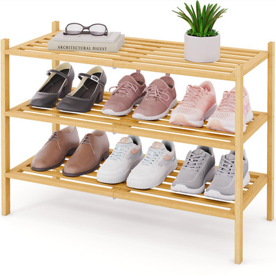 Smiry Bamboo Shoe Rack 3 Tier Standing Wooden Shoe Organizer Stackable Wood