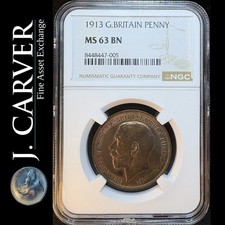 1913 GREAT BRITAIN PENNY NGC MS 63, Old UK Coin, Fresh Slab