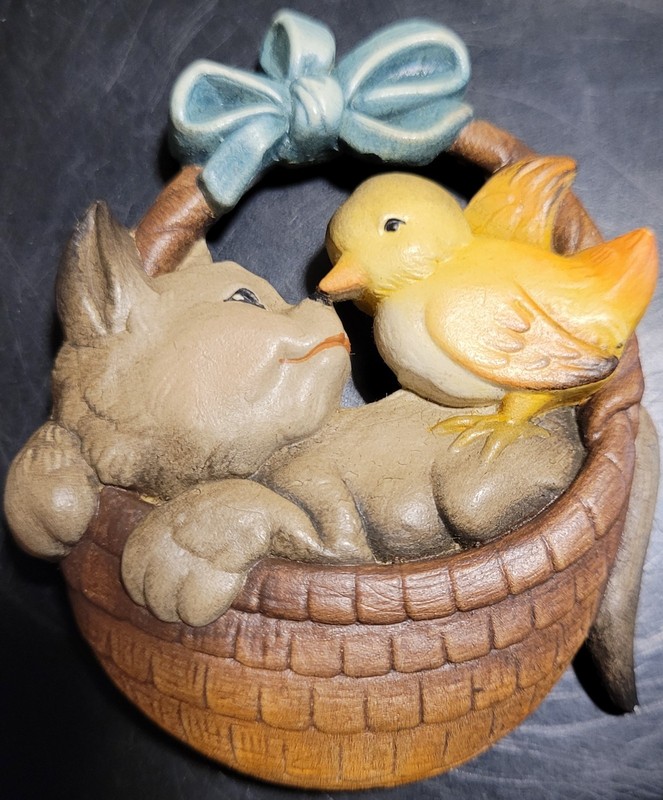 Vintage ANRI Italy Ferrandiz Christmas Ornament Cat Kitten Bird Love Basket