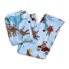 Nick Nora Pajama Set Women S Blue Sock Monkey Flannel Cotton Button Up