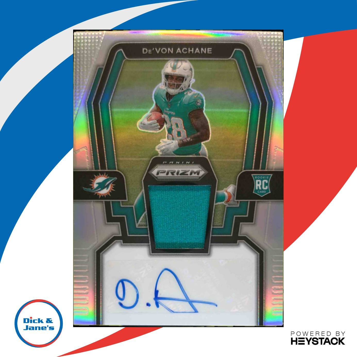 2023 Panini Prizm De'Von Achane Rookie Patch Auto Silver 57/99 MEM RC Dolphins