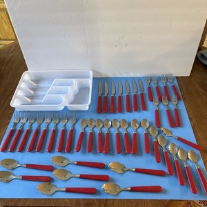 Red Handled Stainless Steel Camping Flatware