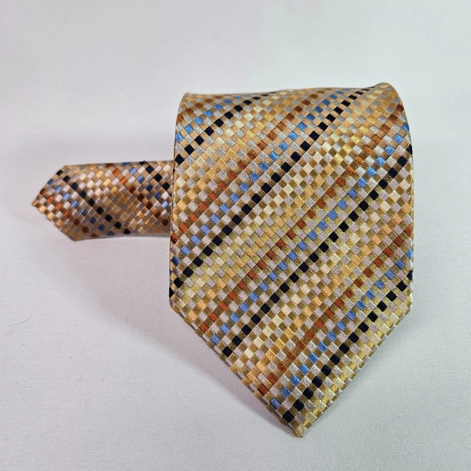 Corbata de pavo real 100 % seda hecha a mano para hombre geométrica dorada 3,5" x 59,5" Foto 2 de 4