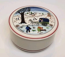 VILLEROY & BOCH Naif Christmas Trinket Box Dish LAPLAU Winter Scene Folk Art 