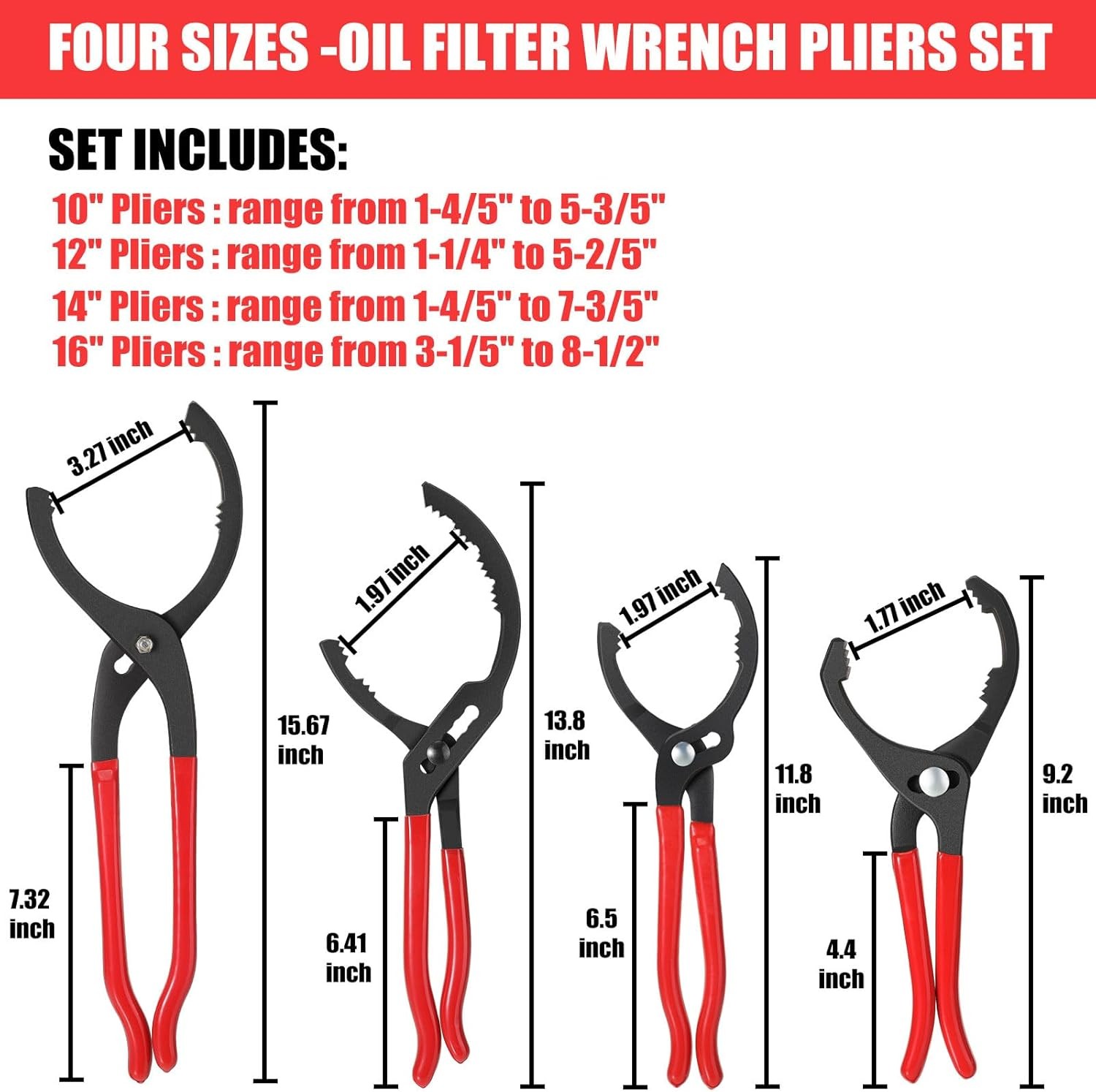 Lothee 4 Pieces Oil Filter Wrench Set, 10'' 12'' 14'' 16'' Red 