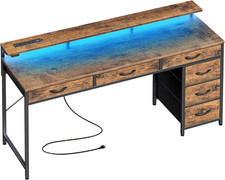 Gaming Desk with 6 Drawers, Computer Desk with LED Lights Power Outlets and Type