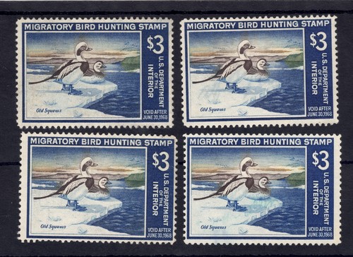 CUATRO estampillas federales de pato de Estados Unidos Scott # RW34, ¡TODAS SIN USAR / SIN GOMA DE MASCAR! SCV $160.00