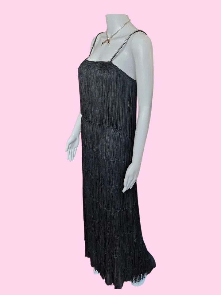 Vestido Largo Negro Flecos Años 60/70 De Colección Talla S Aleta Estrás Noche Formal Baile de graduación Foto 2 de 4