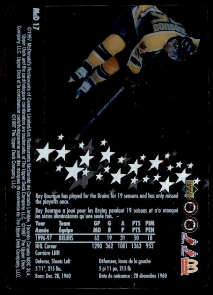 1997-98 Pinnacle Beehive Ray Bourque Boston Bruins #17 Hand Signed - Image 2 of 2