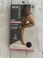 Silk Impressions Women’s Sheer Light Support Tights Pantyhose 2 Pair Black XXXL