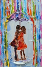 Couple in love under an umbrella oil painting 10x15 cm on cardboard