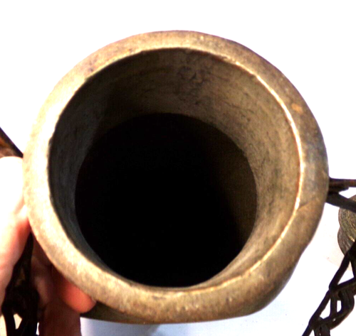 Antique 19th Century Handwrought IRAN BRASS WATER JUG Canteen w/ Lid & Chain 11" - Picture 7 of 10