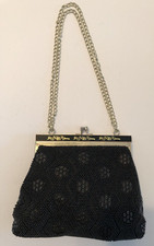 Vintage Black-Beaded Clutch Purse with Chain Strap; metal kiss lock