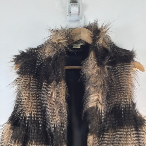 Andiamo faux fur vest size 10 womens beige brown striped sleeveless 112636 - Picture 2 of 8