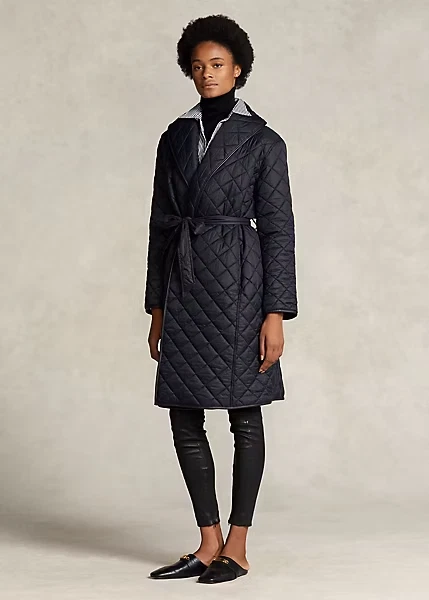 $698 Abrigo POLO Ralph Lauren Cuello Chal Cuero Borde Para Mujer Talla M Negro