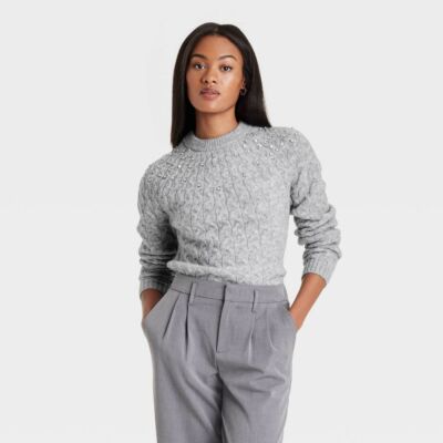 Women's Cable Crewneck Pullover Sweater - A New Day Gray S