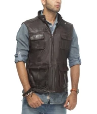 Vest Leather Men's Biker Motorcycle Jacket Men Pockets Concealed Carry Brown 6