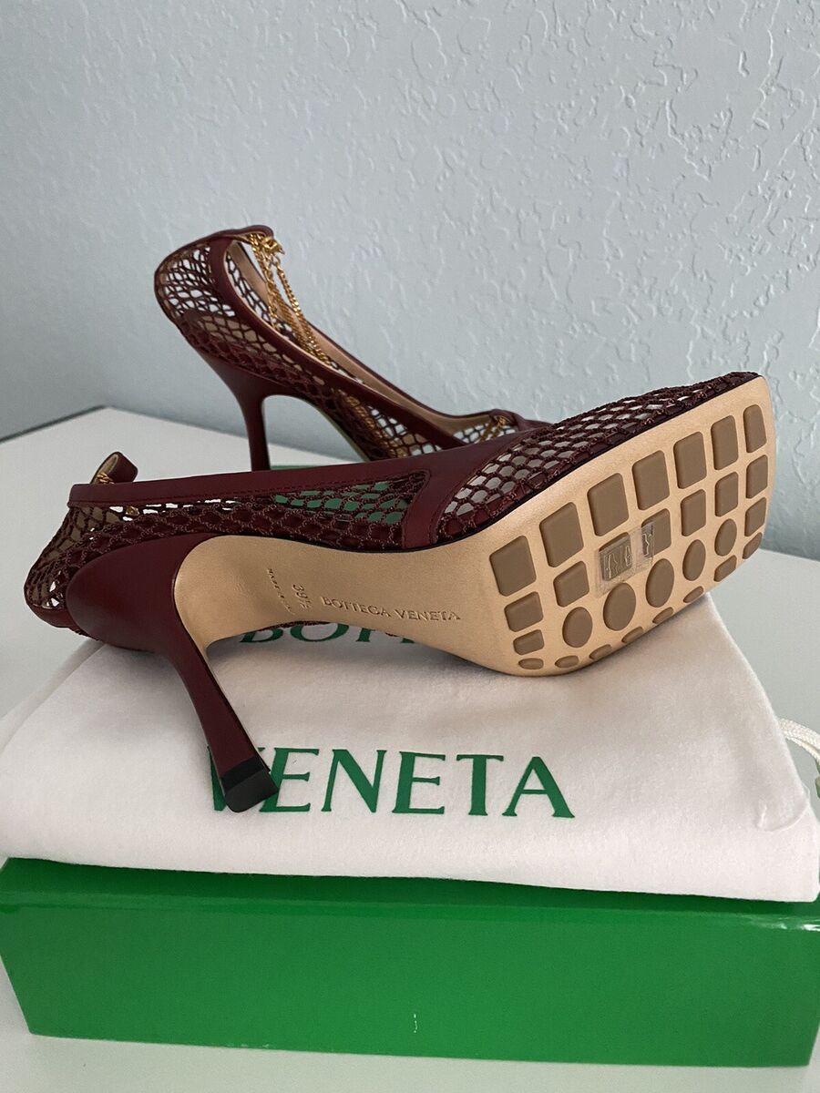 Bottega Veneta Stretch Sandal Web Cherry Red Heels With Gold Bottega Veneta Stretch Sandal Web Cherry Red Heels With Gold