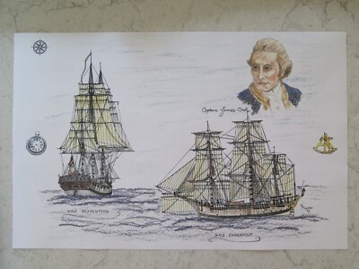 HMS Endeavour, HMS Resolution-Lt. James Cook ( 1700's) Tall Ship drawing