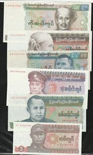 BURMA/MYANMAR MONEY 1987 ISSUED PG 64-66- 90,,75,45,35,15, 1 KYAT SET, UNC/AUNC