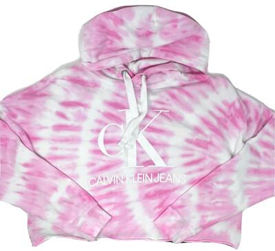 Women's Calvin Klein Hoodie Cropped Sweatshirt w/ Pink White