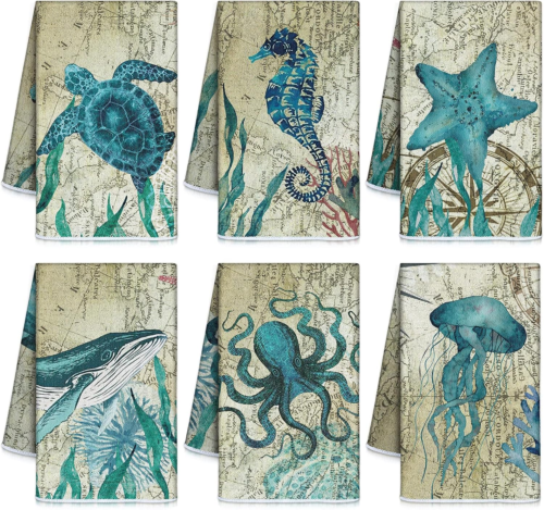 6 Pcs Beach Kitchen Towels Nautical Coastal Hand Towel Fishing Ocean Animal Dish