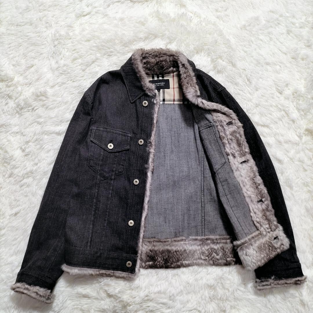 Burberry Black Label Denim Jacket Black Rabbit Fur Nova Check Size