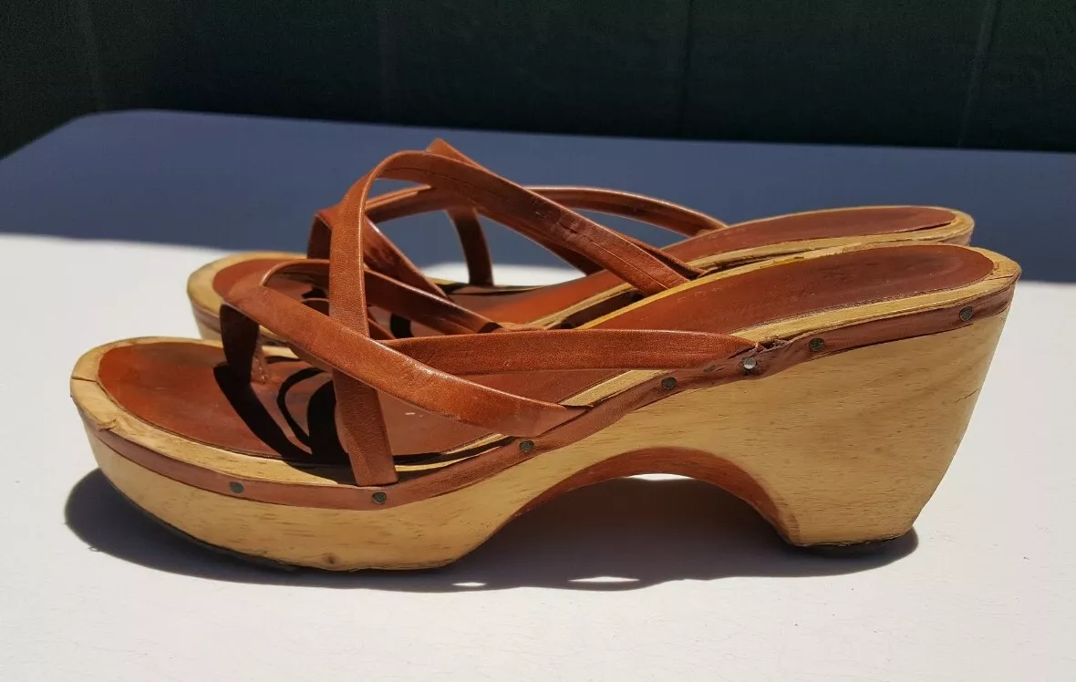 Vintage 80s Strappy Wooden Wedge Heels Made in Brazil US 7.5M Women s Shoes FLAW