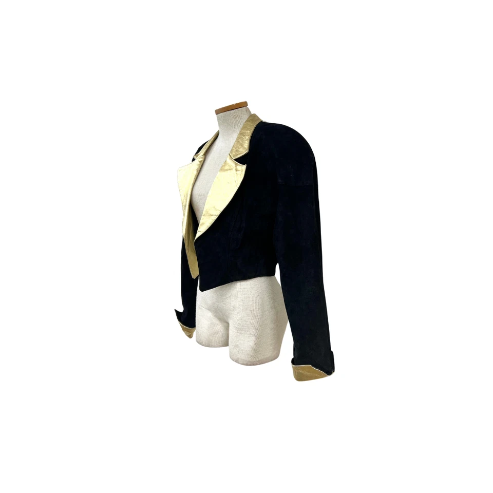 Vintage 1980s Philip Noel Black & Gold Suede and Leather Cropped Jacket - Image 4 of 4