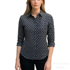 Talbots Womens Shirt Button Front Dog Novelty Print Navy Blue Cotton Size 4