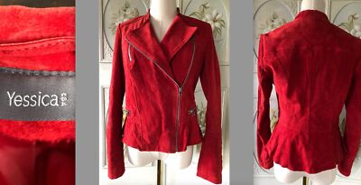 YESSICA ALL SUEDE BRIGHT RED MOTORCYCLE LEATHER JACKET LINED ZIPPERS EUC S EU 36