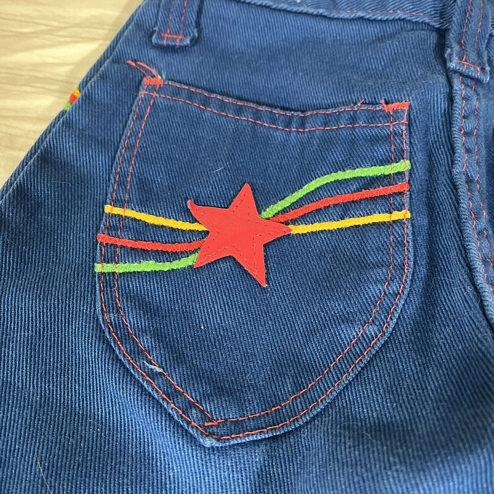 Vintage 60s 70s Kids Blue Denim Pants Rainbow Stitching Sz 10? Slim USA READ M1 - Image 3 of 4