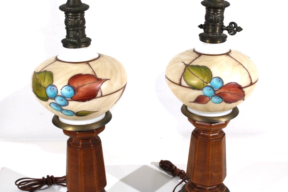 Vintage Blueberry Motif Milk Glass Lamps Globe And Wood Table Lamps - Image 4 of 4