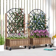 Pack of 2 Wooden Raised Flower Bed w/ Metal Trellis, Planter Box w/ Drain Holes