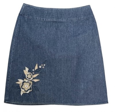 Casual Corner Annex Petite Embroidered Denim Skirt Sz 8 Boho Floral Cottage Core